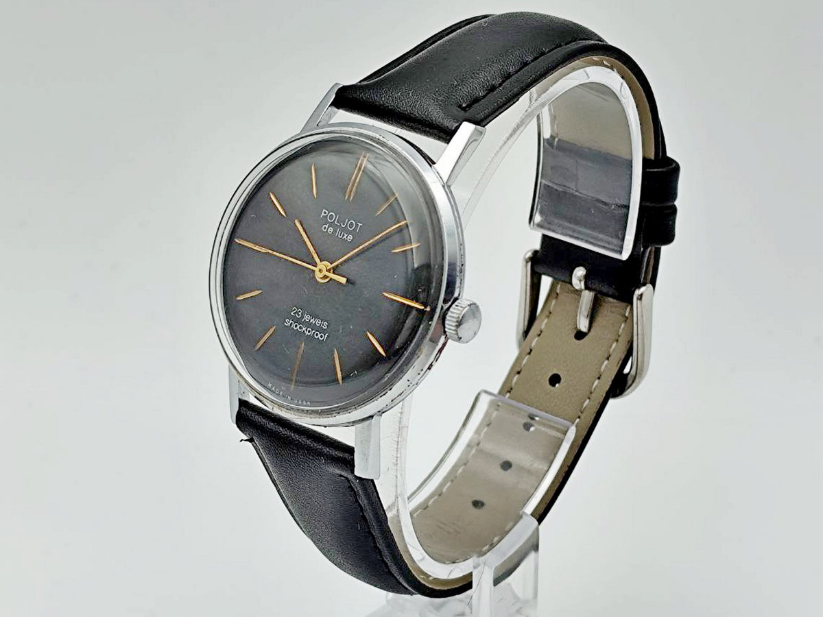 Vintage POLJOT De Luxe 2209 Ultra Slim Soviet Mechanical Watch | Rare Black Dial 23 Jewels USSR Shockproof Men's Dress Watch