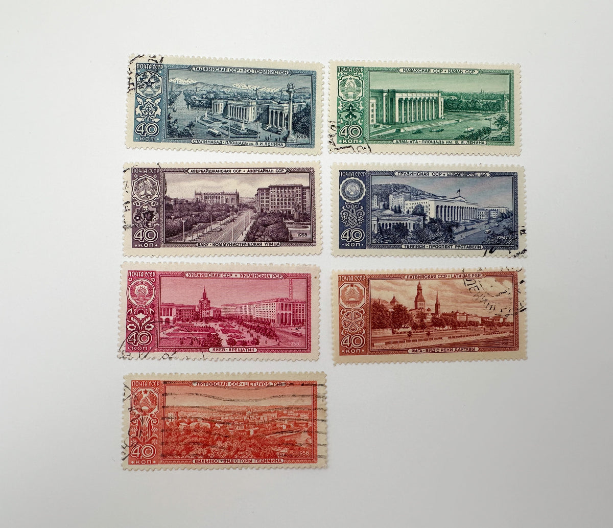 1930–1960s USSR Postage Stamps Collection | Vintage Soviet Republics State Arms & Architecture Set of 20 MH Cancelled