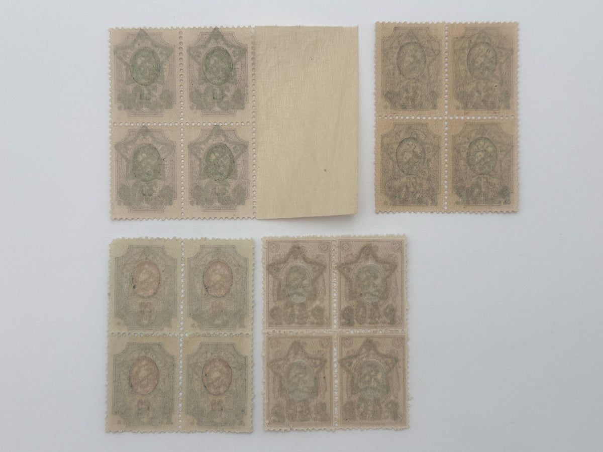 1922–1923 RSFSR Postage Stamps Collection | Vintage Early Soviet Star Surcharge Quarter Blocks Set of 28 MH Cancelled