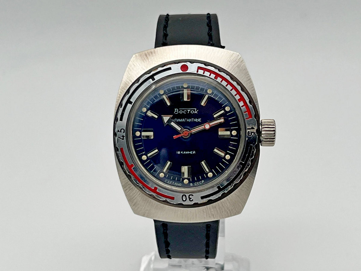 Vintage VOSTOK WOSTOK Amphibian Barrel 2209 Antimagnetic Soviet Mechanical Watch | USSR Diver Blue Dial 18 Jewels 200m Men's Wristwatch