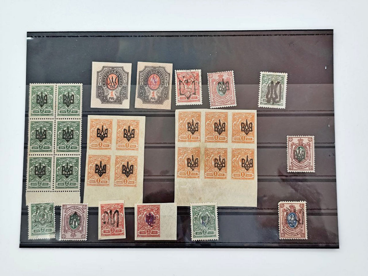1918 Ukrainian People's Republic Postage Stamps Collection | Vintage Trident Tryzub Surcharge Blocks Set of 28 MH