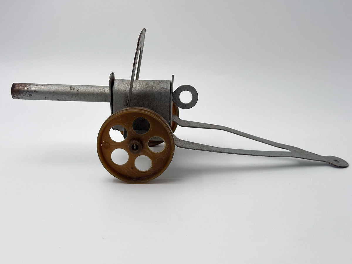 Vintage Soviet Pressed Tin Mechanical Toy Shooting Cannon USSR 1970s | Spring Loaded Artillery Model