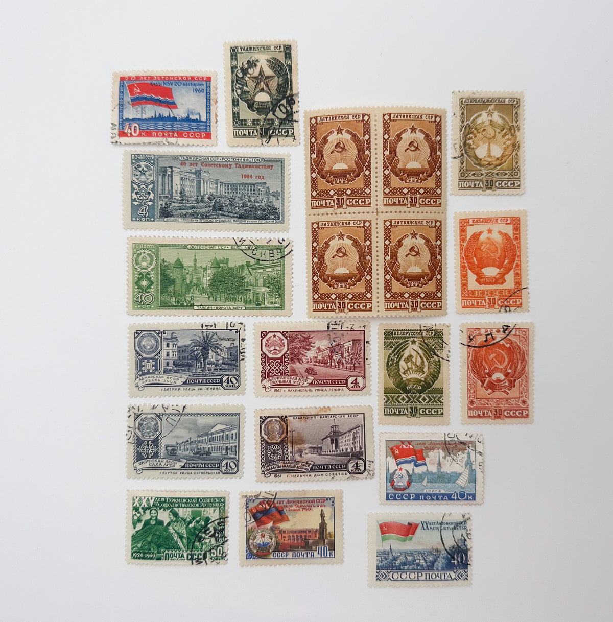 1930–1960s USSR Postage Stamps Collection | Vintage Soviet Republics State Arms & Architecture Set of 20 MH Cancelled
