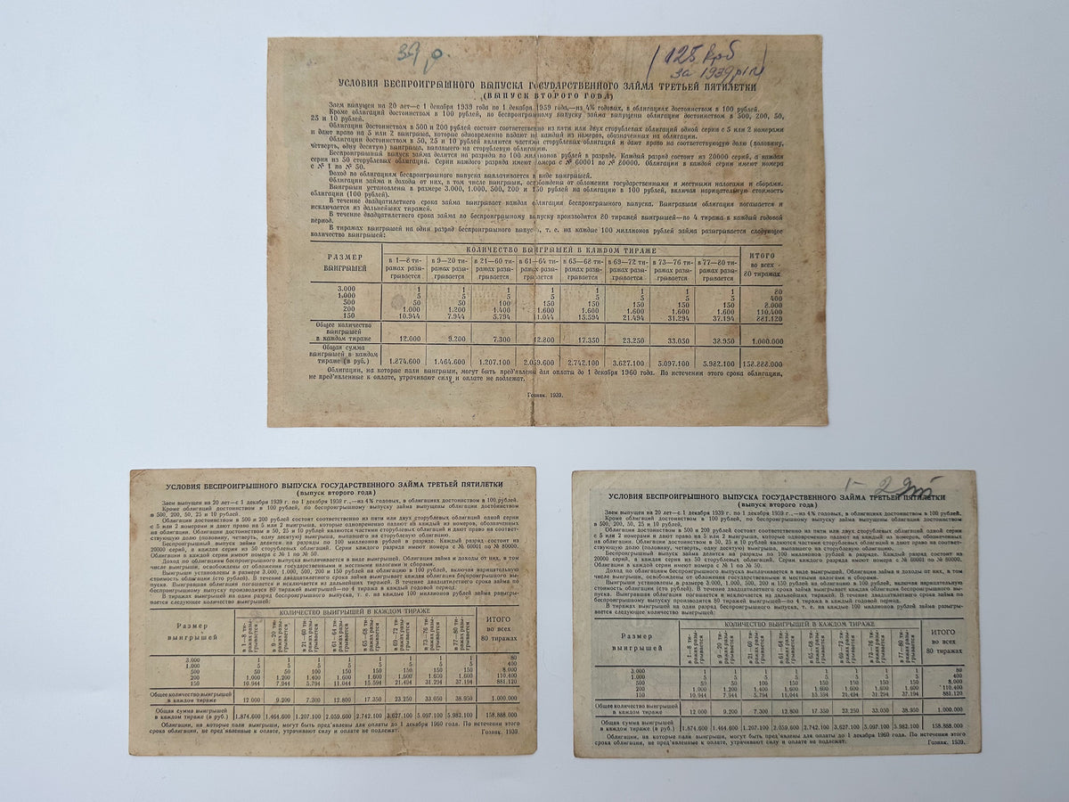 1939 USSR Third Five-Year Plan State Loan Bonds Set | Vintage Soviet 10, 25 & 50 Rubles | 3 Pcs