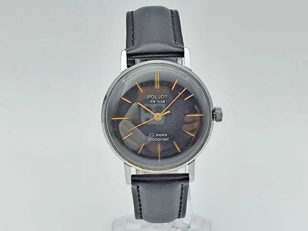 Vintage POLJOT De Luxe 2209 Ultra Slim Soviet Mechanical Watch | Rare Black Dial 23 Jewels USSR Shockproof Men's Dress Watch