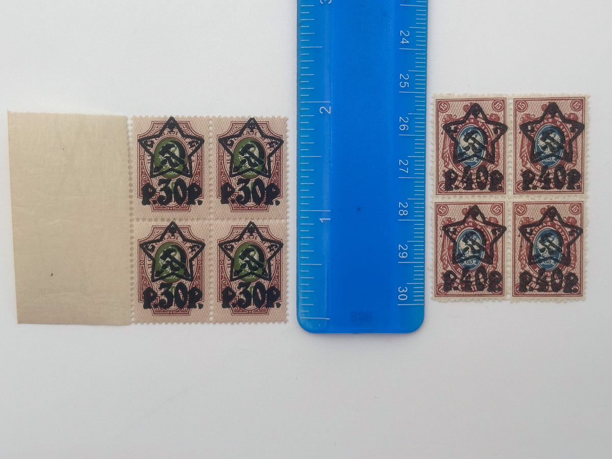 1922–1923 RSFSR Postage Stamps Collection | Vintage Early Soviet Star Surcharge Quarter Blocks Set of 28 MH Cancelled