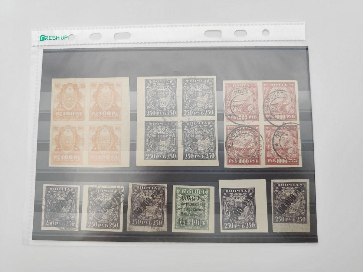 1917–1924 RSFSR & USSR Postage Stamps Collection | Vintage Early Soviet Stamp Quarter Blocks & Surcharge Singles Set of 18 MH Cancelled