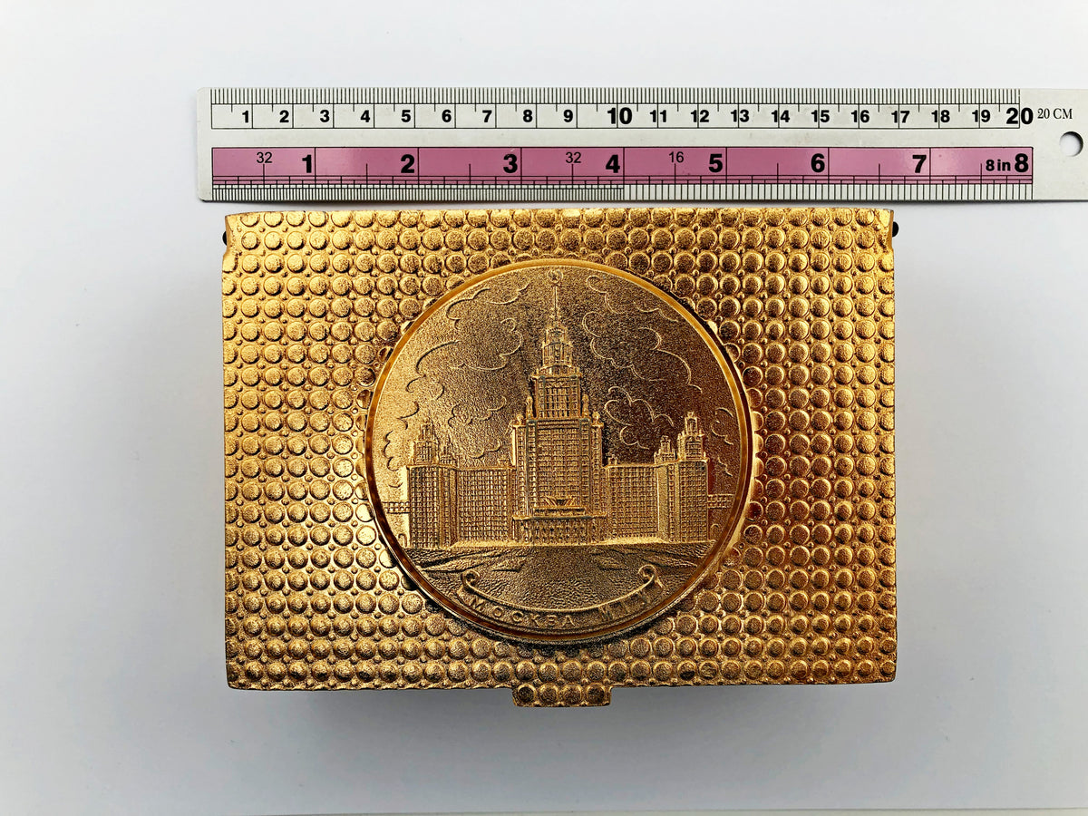 Vintage Cigarette Case Moscow State University |  Wood Aluminum Trinket Box Soviet Tobacciana USSR
