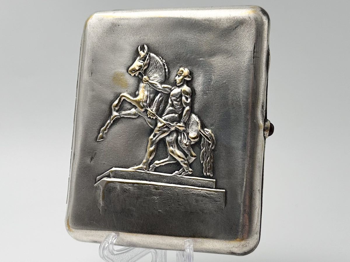 Vintage Klodt Horse Tamer Cigarette Case | NPZ Plant Garnet Button Engraved Pocket Box Soviet Tobacciana USSR