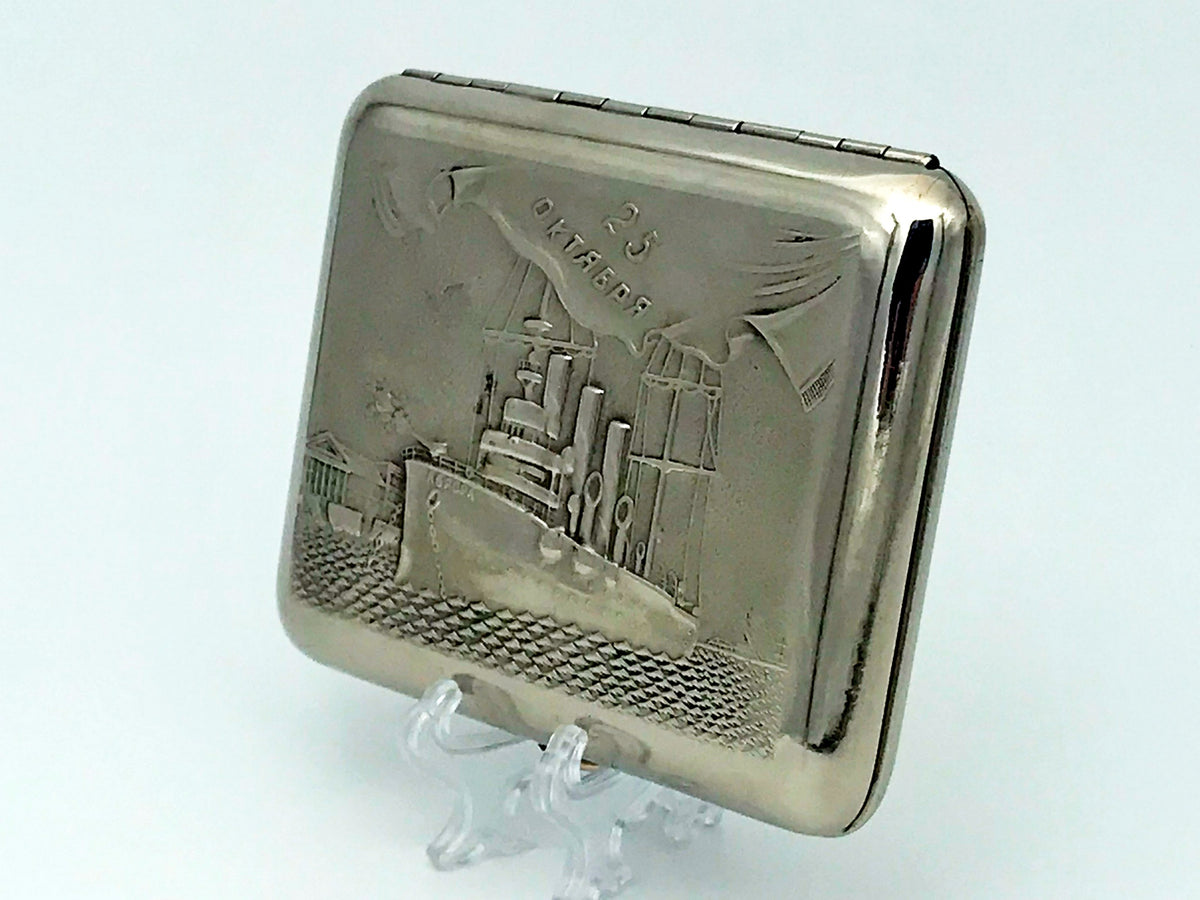 Vintage Cruiser Aurora Cigarette Case | 25 Years of October Relief Pocket Box Soviet Tobacciana USSR