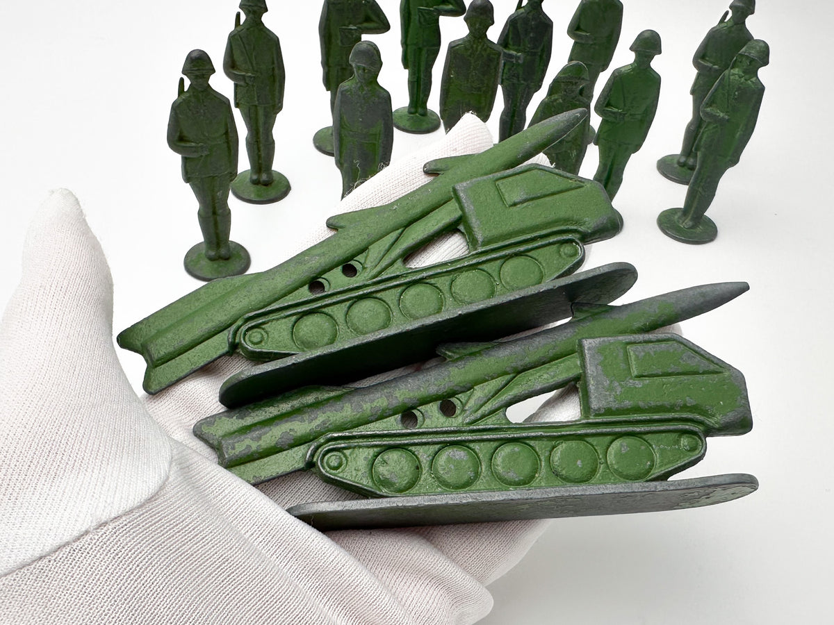 Vintage Soviet Metal Toy Soldiers and Missile Launchers Lot | USSR Cast Figures Green Army Set of 14