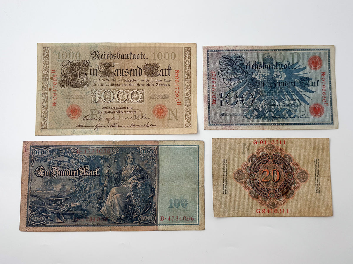 Imperial German Reichsbanknote Collection | Vintage Pre-WWI & WWI Banknotes Set of 4 (20, 100, 1000 Mark)