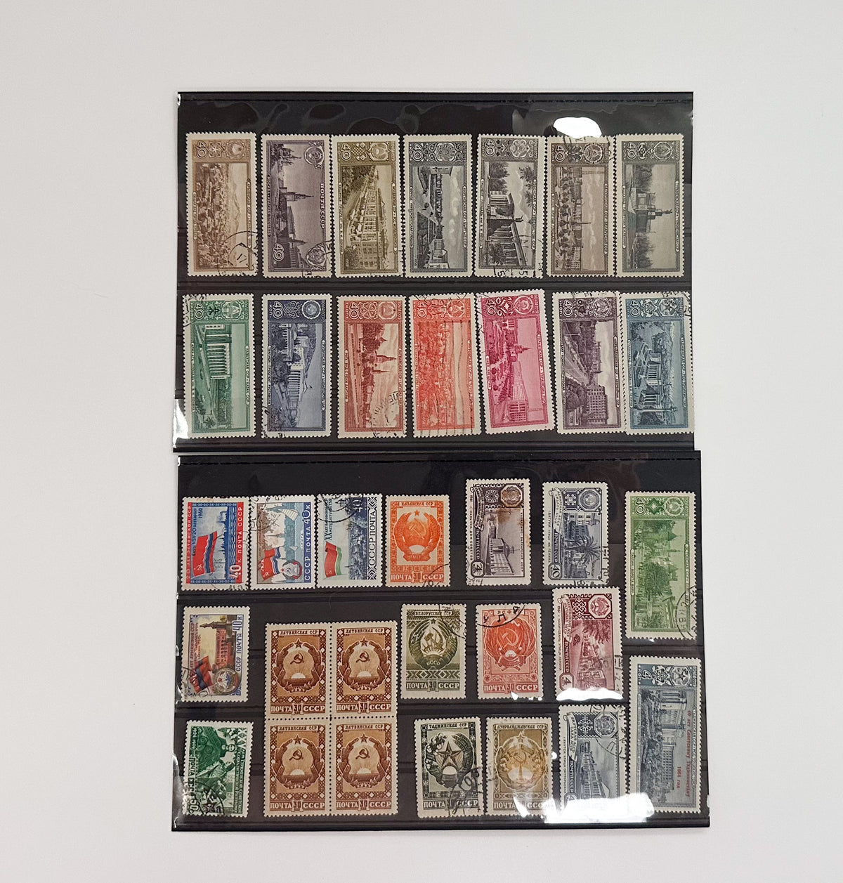 1930–1960s USSR Postage Stamps Collection | Vintage Soviet Republics State Arms & Architecture Set of 20 MH Cancelled