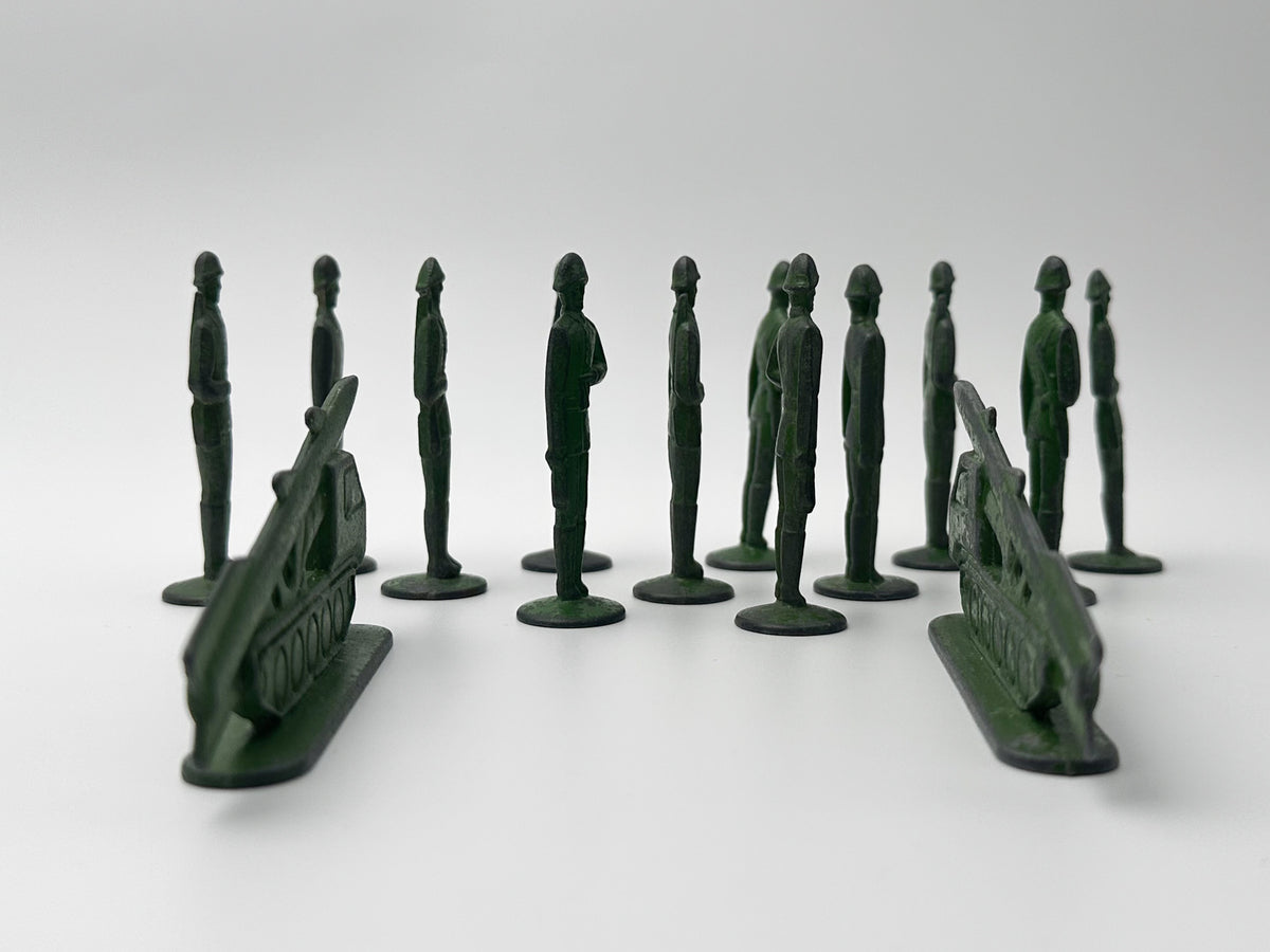 Vintage Soviet Metal Toy Soldiers and Missile Launchers Lot | USSR Cast Figures Green Army Set of 14