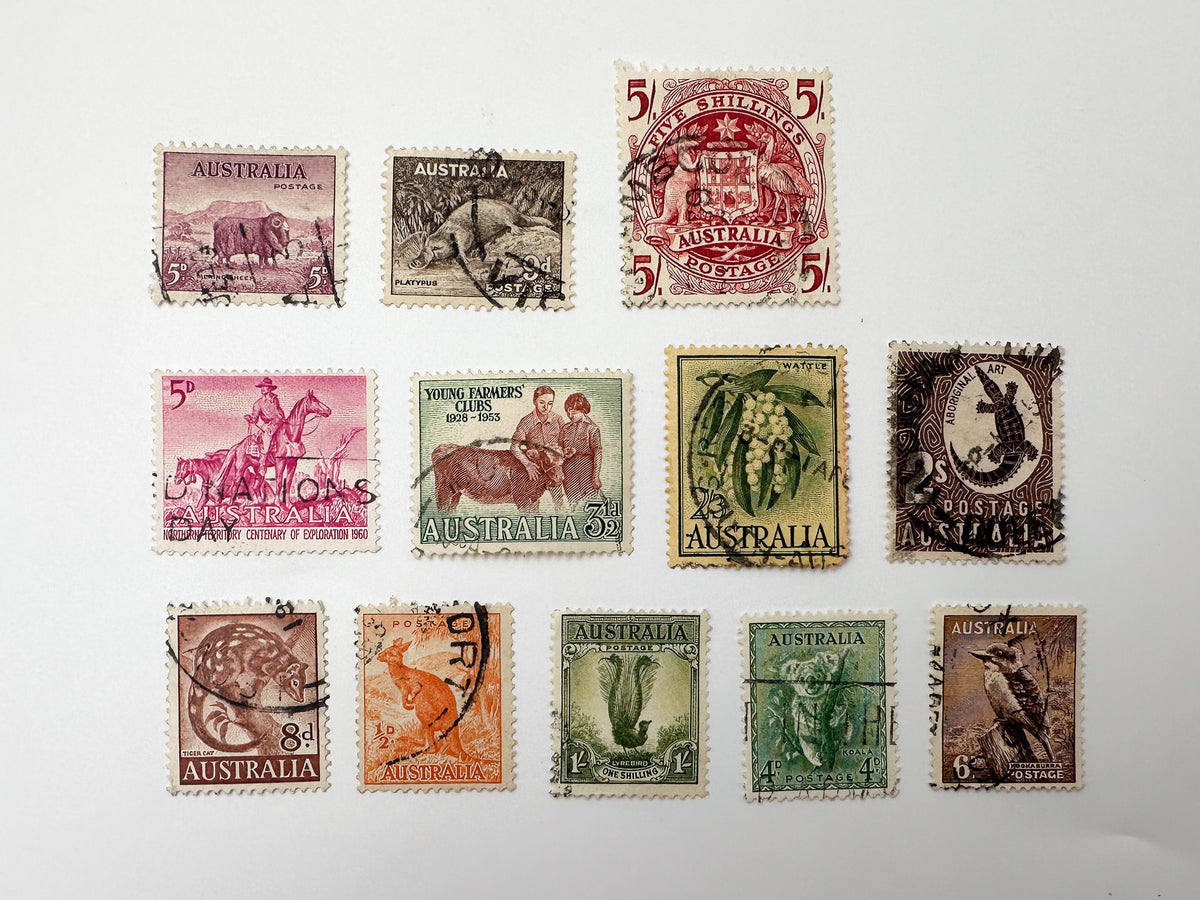 1930–1950s Australia Postage Stamps Collection | Vintage Australian Fauna Koala Kangaroo & Queen Elizabeth II Set of 12 MH Cancelled