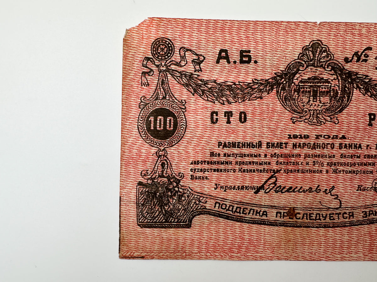 1919 Zhytomyr 100 Rubles Local Currency Note | Vintage Ukrainian Civil War Era Narodny Bank Banknote