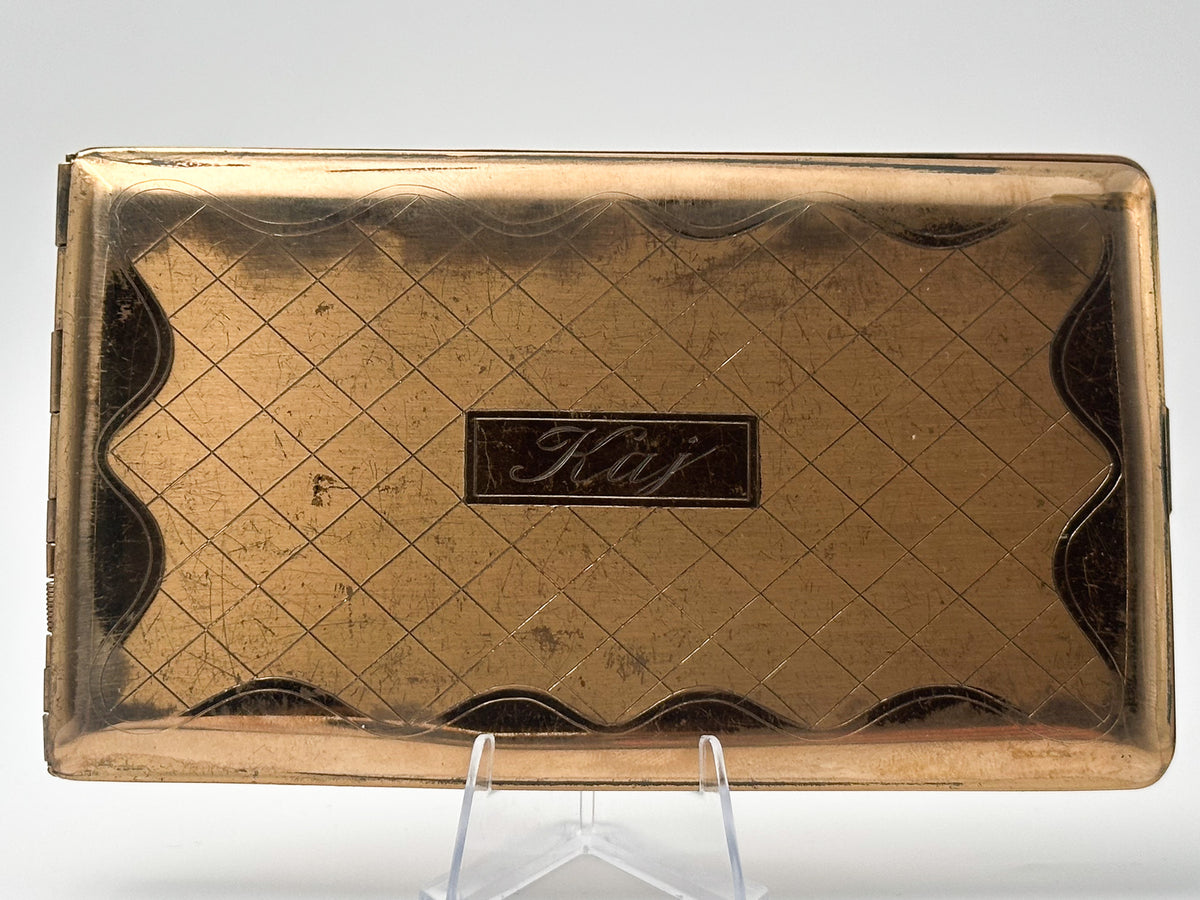 Cigarette Case Kaj Engraved Vintage Gold Tone | Elgin American Mid Century Tobacciana USA