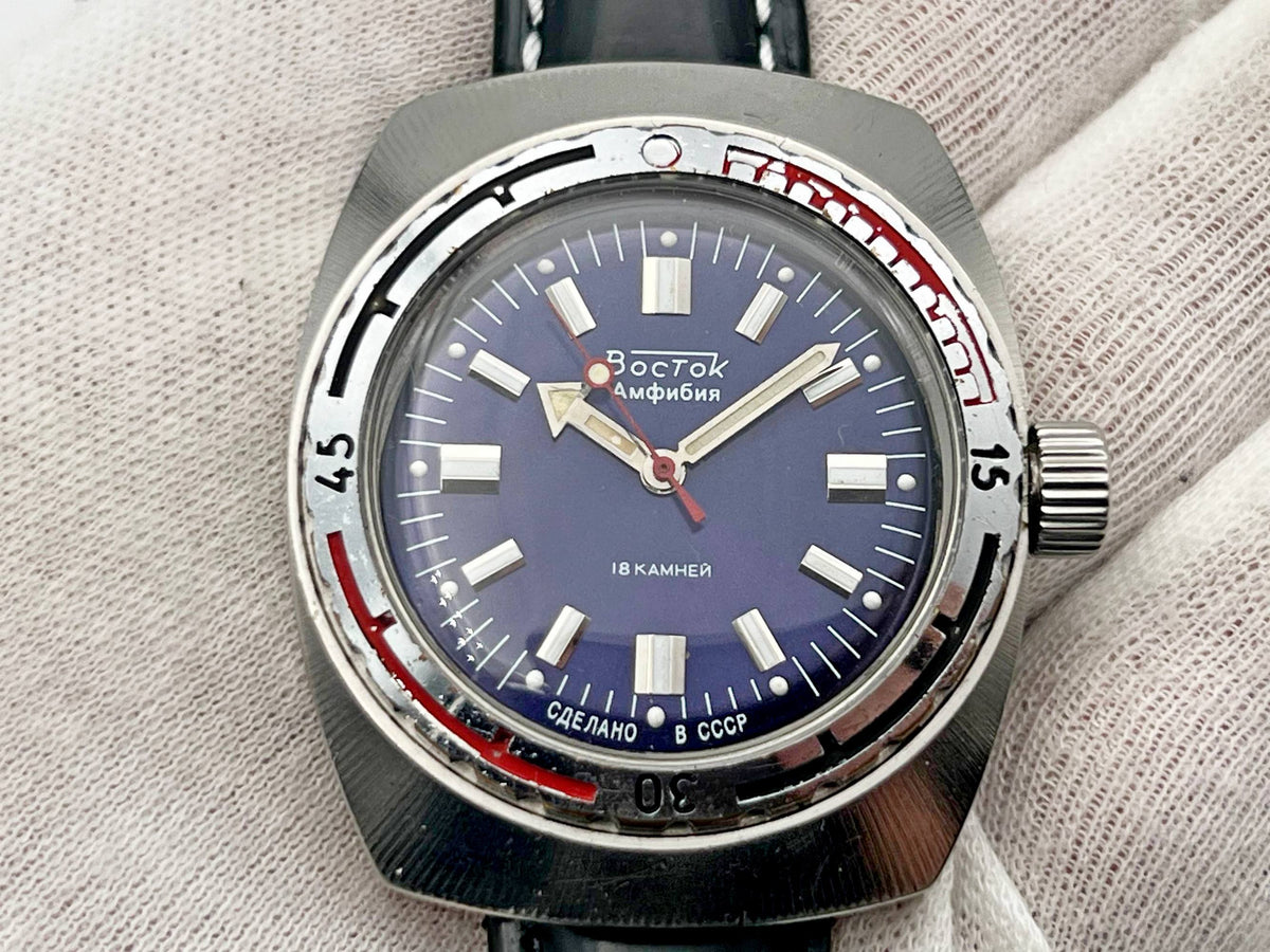 Vintage WOSTOK Amphibian Barrel 2209 Soviet Mechanical Watch VOSTOK | USSR Diver Blue Dial 18 Jewels 200m Men's Wristwatch