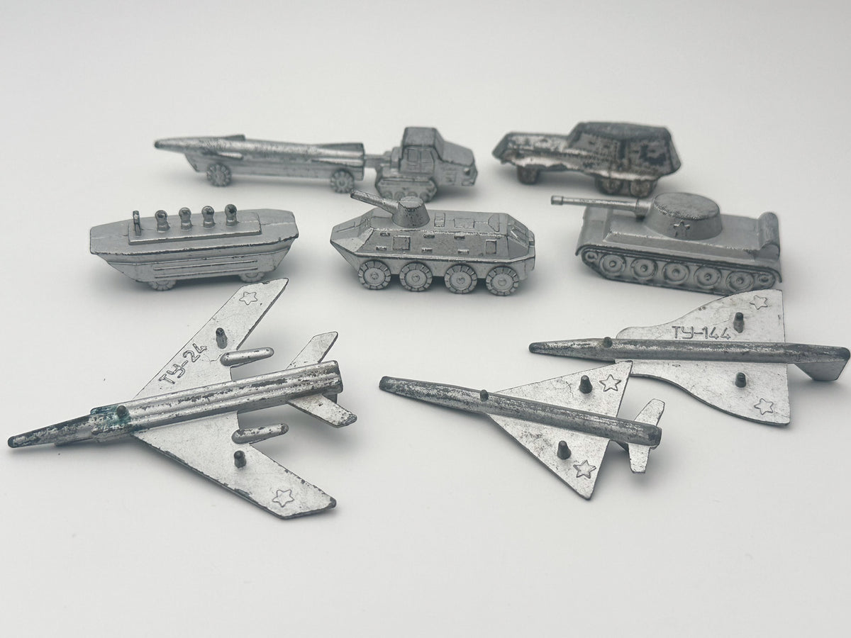 Set of 8 Vintage Soviet Military Miniatures | USSR Metal Micro Toy Vehicles & Planes Lot