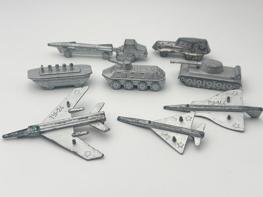Set of 8 Vintage Soviet Military Miniatures | USSR Metal Micro Toy Vehicles & Planes Lot