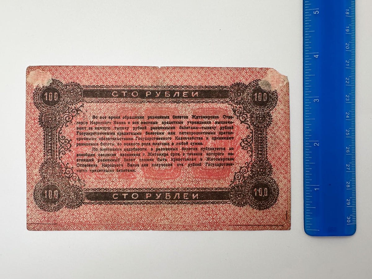 1919 Zhytomyr 100 Rubles Local Currency Note | Vintage Ukrainian Civil War Era Narodny Bank Banknote