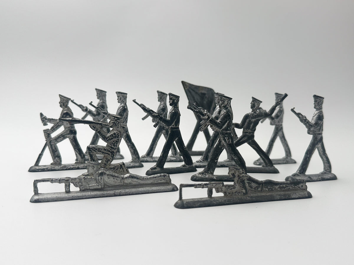 Vintage Soviet Revolutionary Sailors Metal Toy Soldiers Lot | USSR Flat Figures Action Set of 14