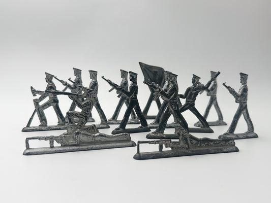 Vintage Soviet Revolutionary Sailors Metal Toy Soldiers Lot | USSR Flat Figures Action Set of 14