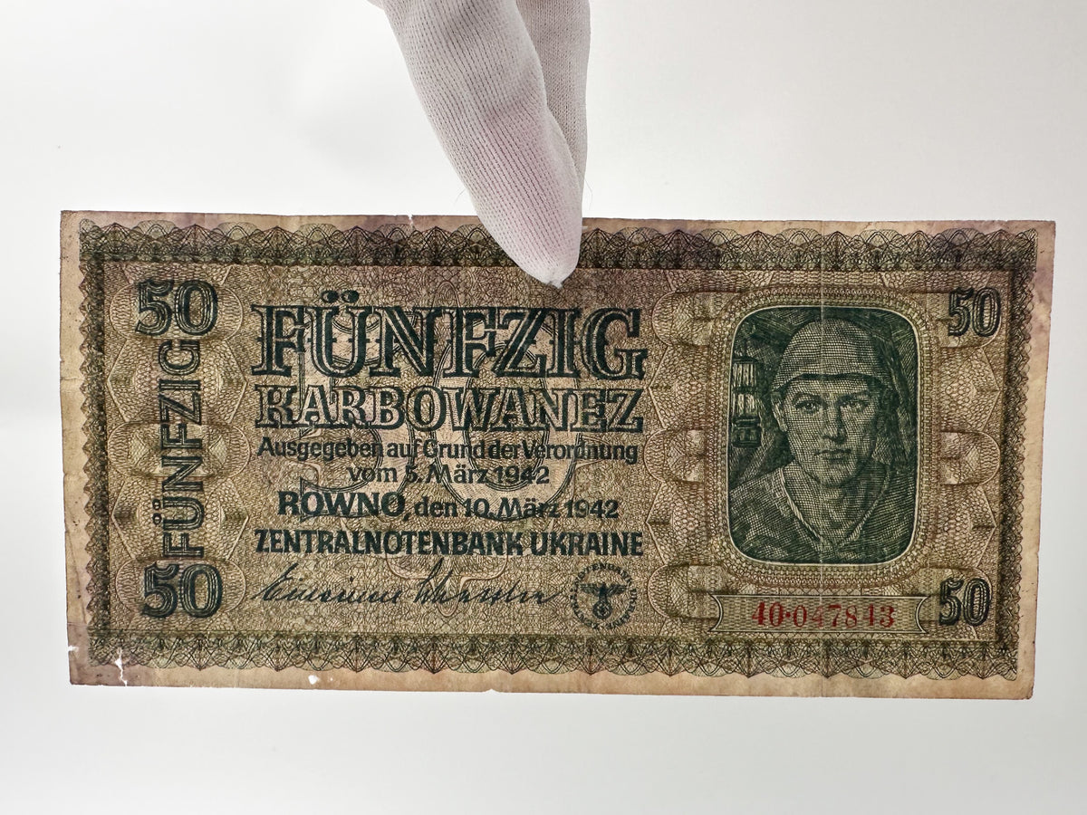 1942 WWII German Issue Ukraine 50 Karbowanez Banknote | Vintage Rowno Central Bank Note | Historic Currency