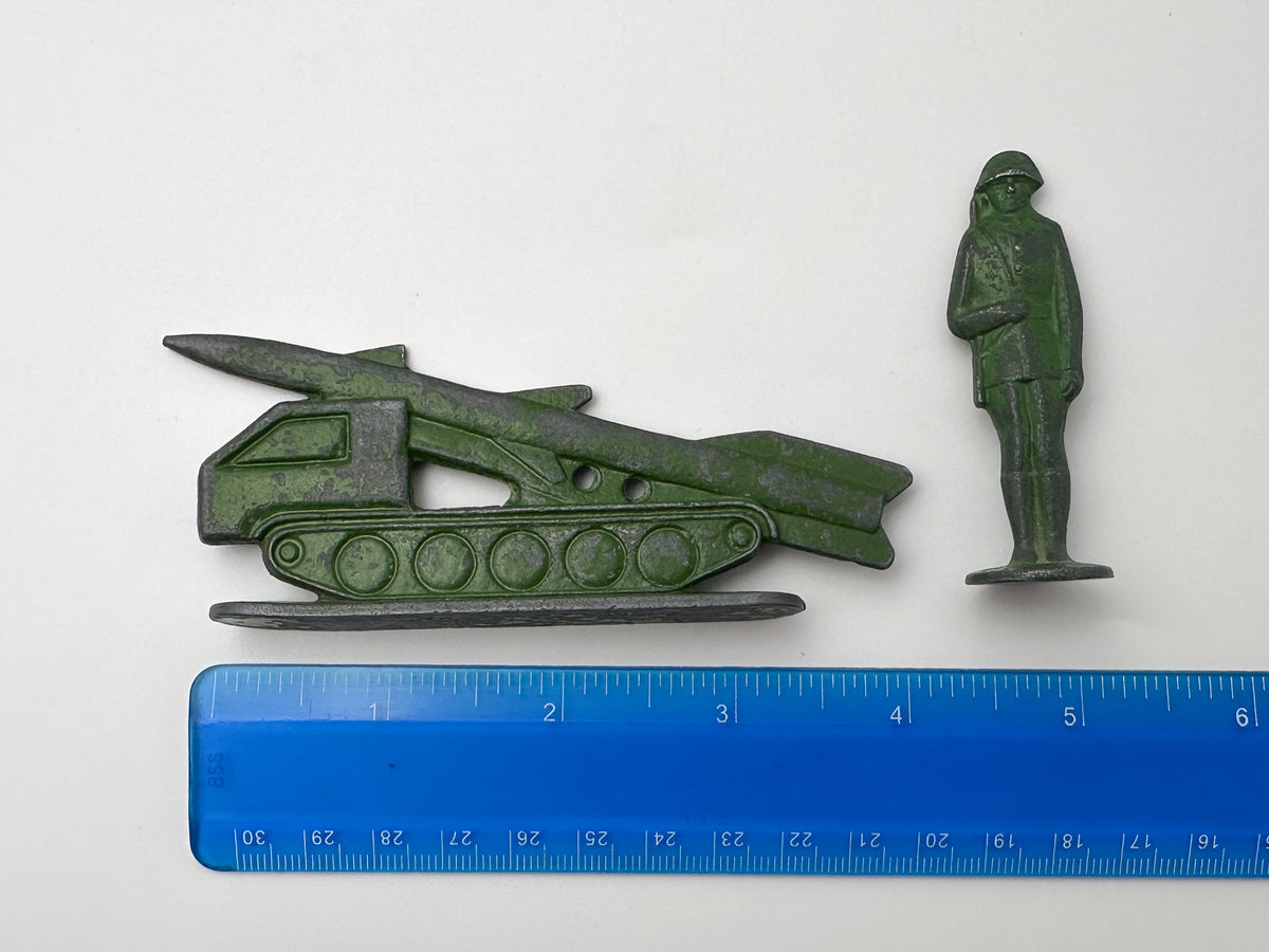 Vintage Soviet Metal Toy Soldiers and Missile Launchers Lot | USSR Cast Figures Green Army Set of 14