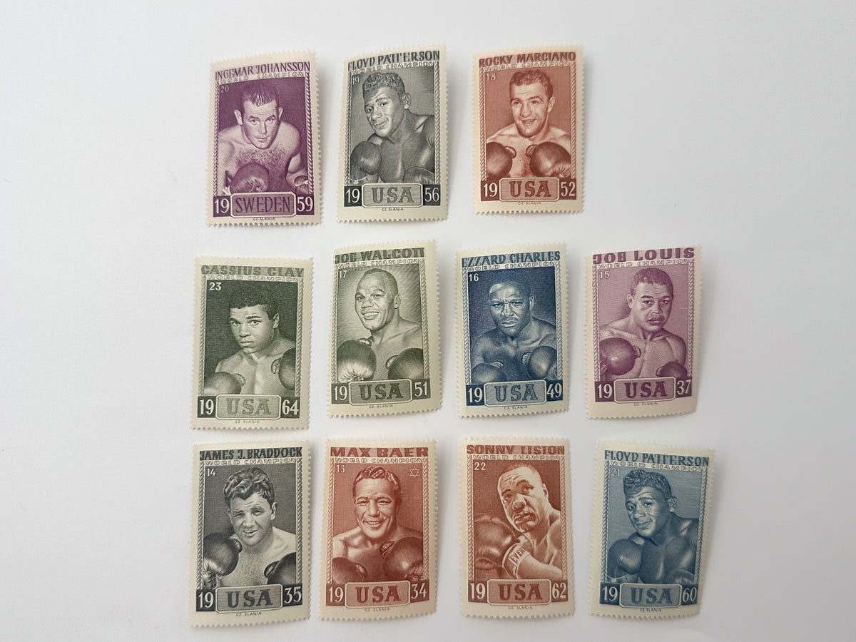 intage World Heavyweight Boxing Champions Cinderella Stamps | Muhammad Ali Joe Louis Joe Frazier Rocky Marciano Set of 23 MH