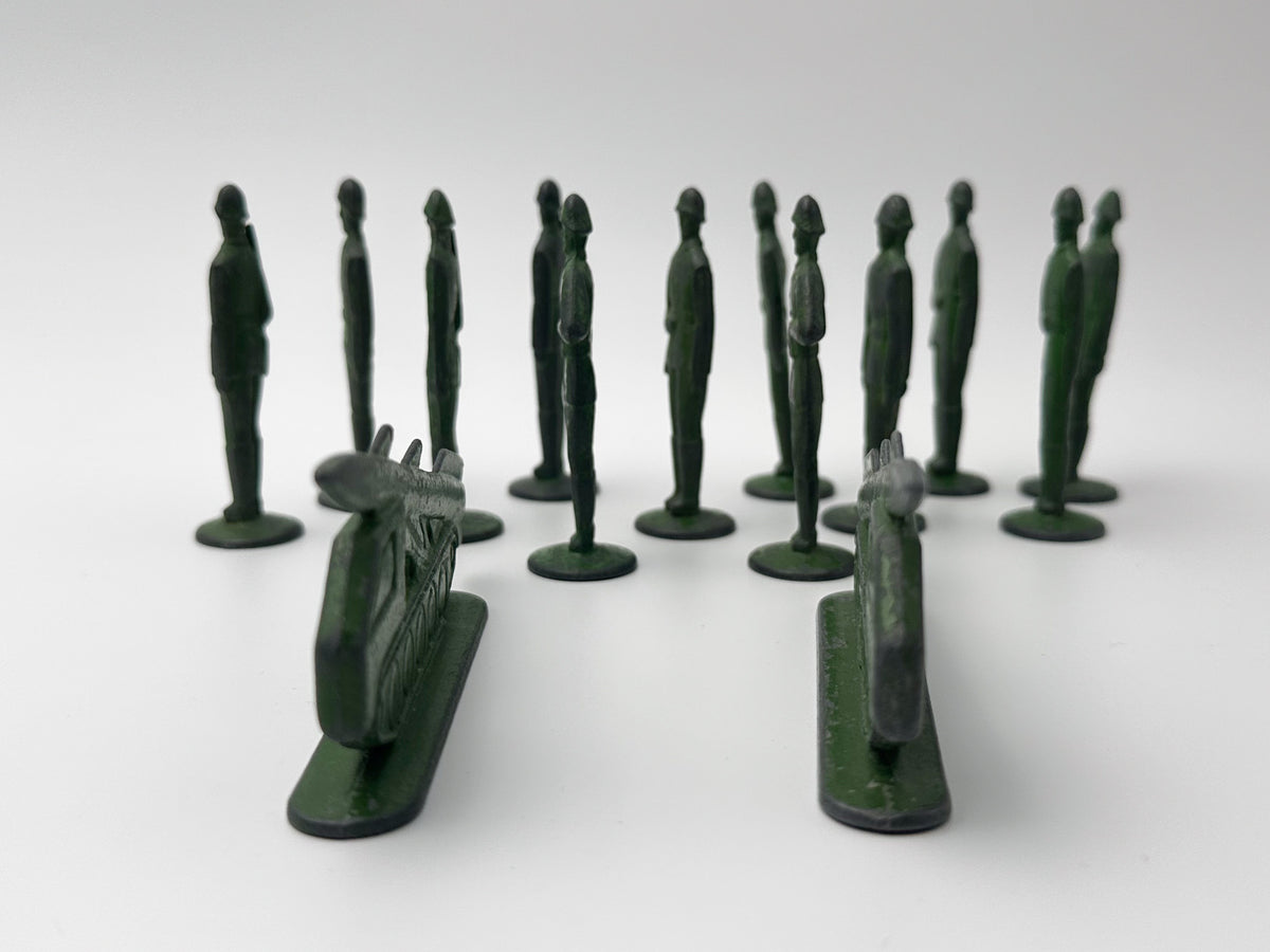Vintage Soviet Metal Toy Soldiers and Missile Launchers Lot | USSR Cast Figures Green Army Set of 14