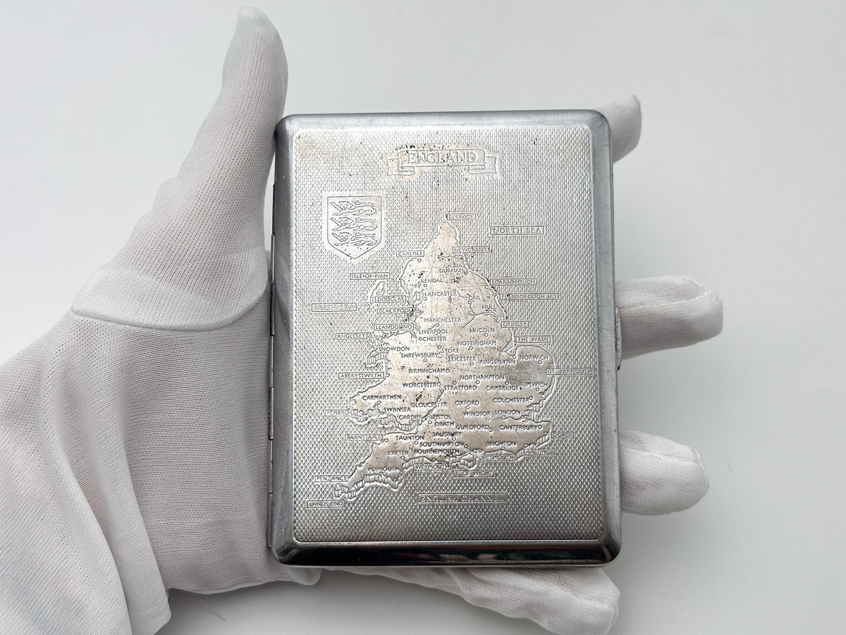 Vintage England Map Cigarette Case | Kincraft Brand Engraved Shield Pocket Box British Tobacciana