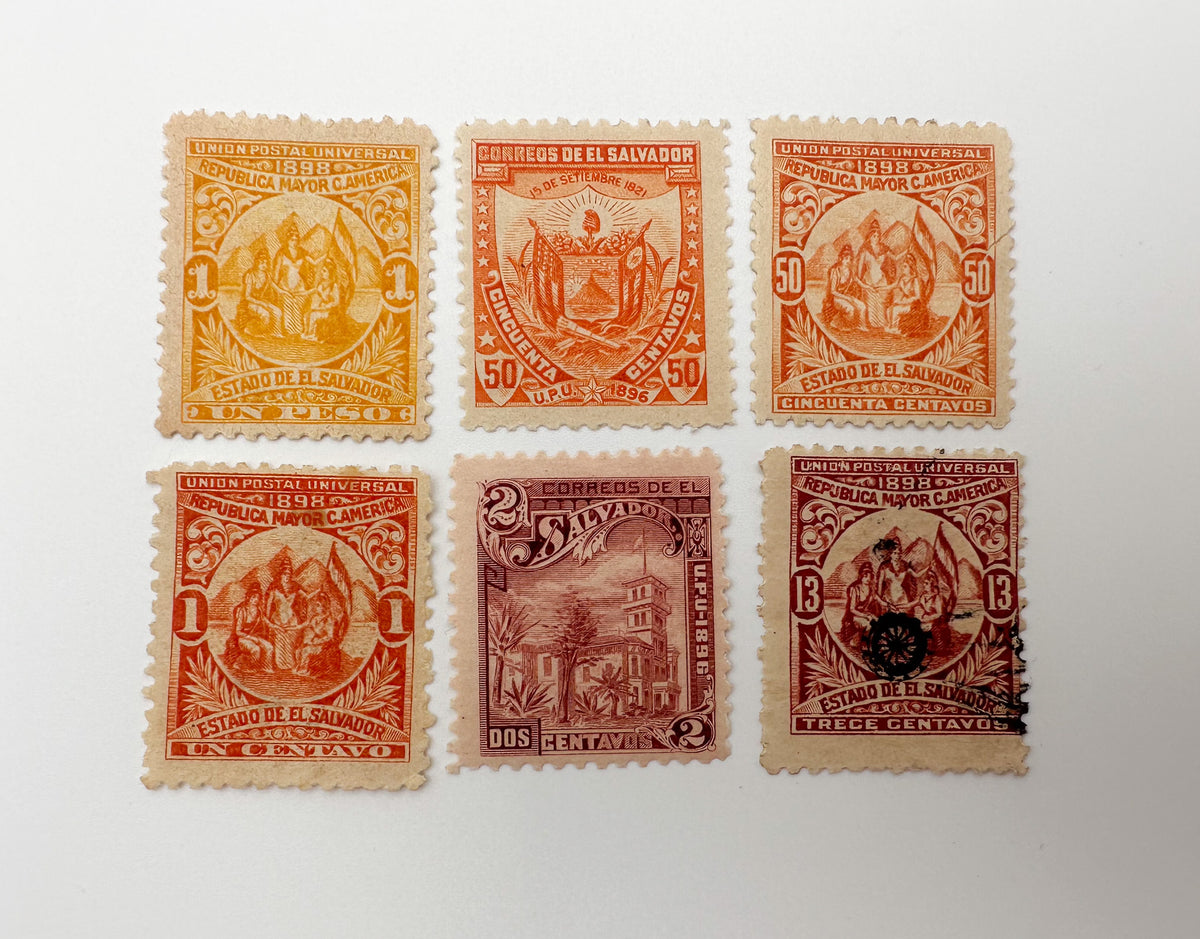 1890–1899 El Salvador Postage Stamps Collection | Vintage Antique Central America Official Overprints Set of 30 MH