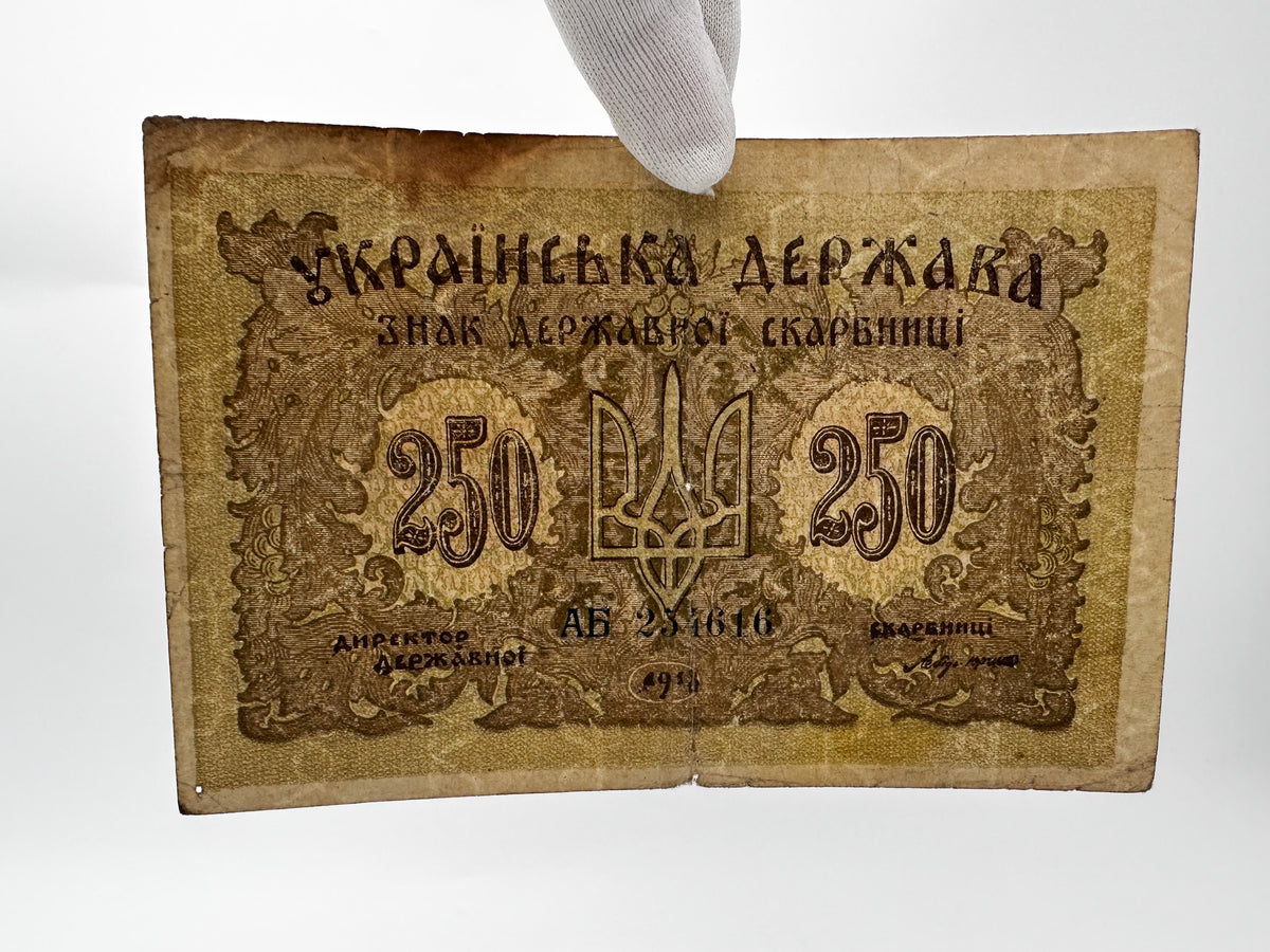 1918 Ukrainian State 250 Karbovantsiv Banknote | Vintage Ukrainian Civil War Era Directorate Currency