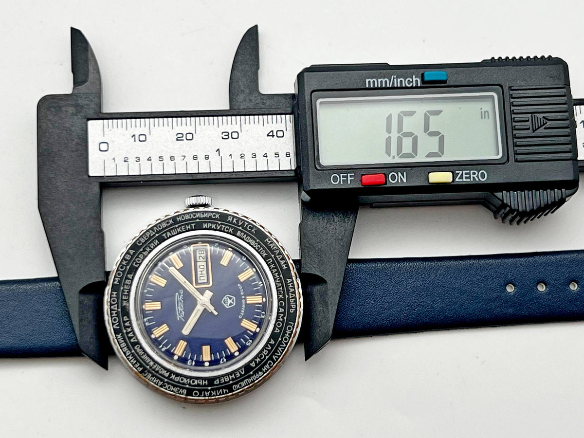 Vintage RAKETA World Time Soviet Mechanical Watch Blue Dial | USSR Cities Day/Date Men's Dress Watch