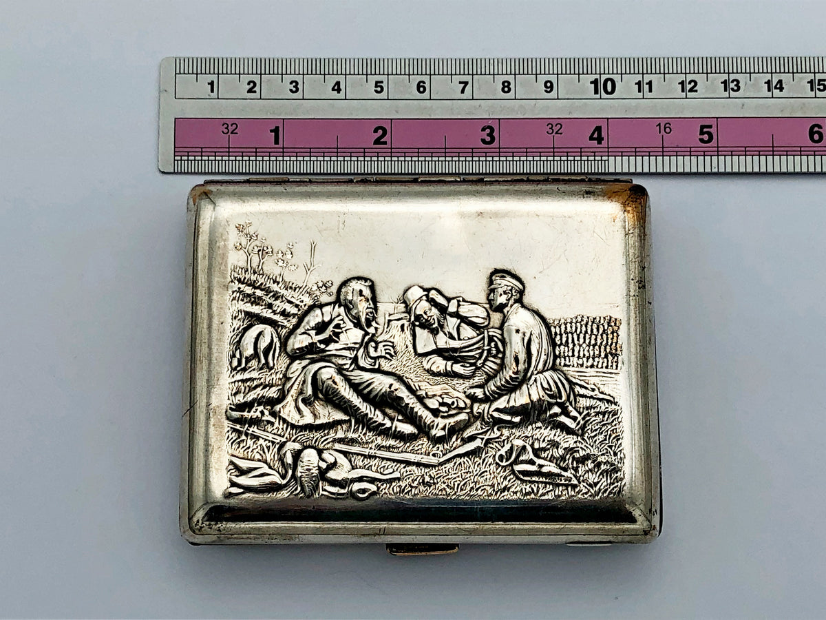 Vintage "Hunters at Rest" Soviet Cigarette Case | Rare Perov Painting USSR Embossed Metal Tobacciana Hunting Souvenir