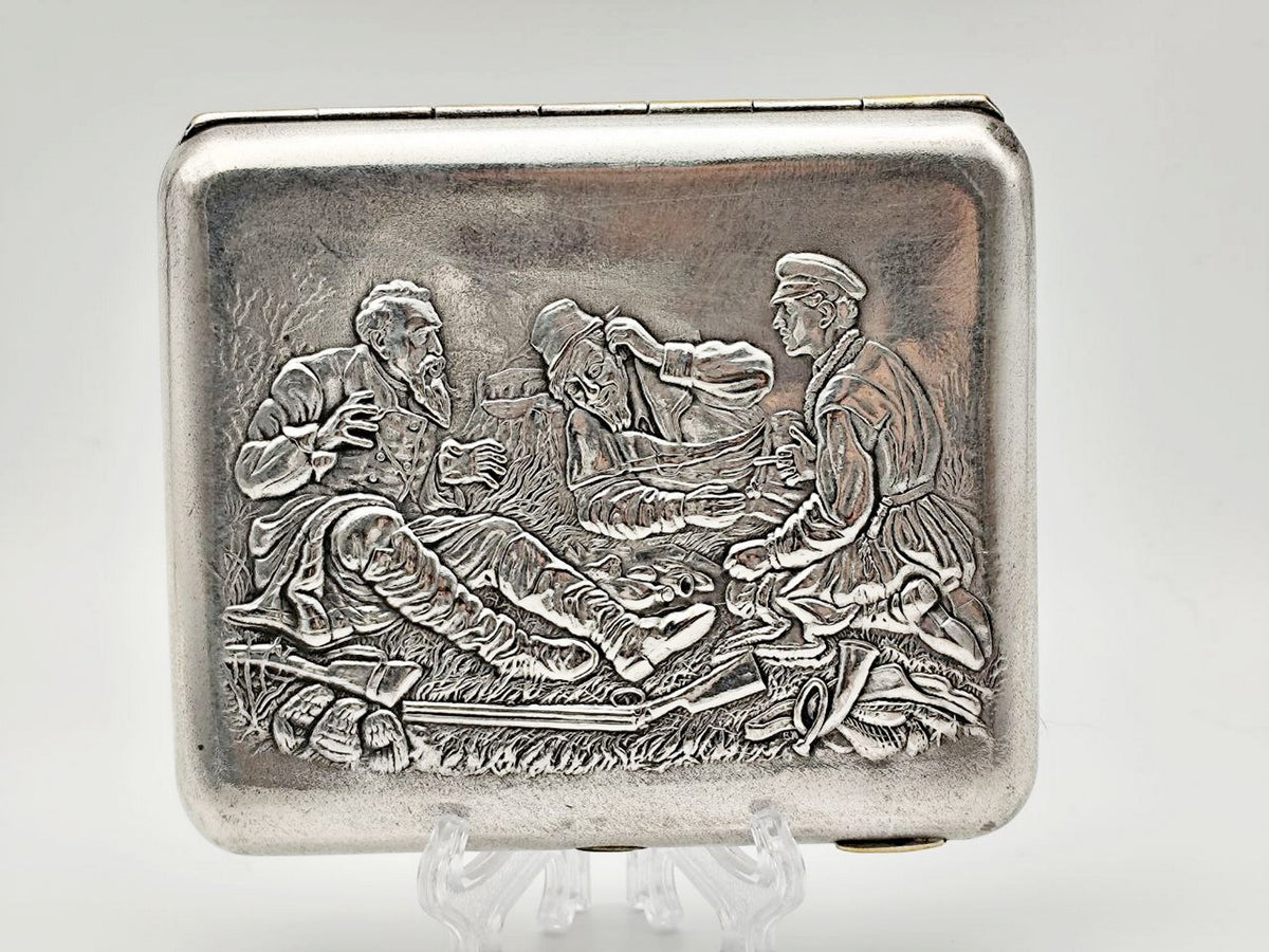 Vintage Hunters at Rest Perov Cigarette Case | Painting Relief Engraved Pocket Box Soviet Tobacciana USSR