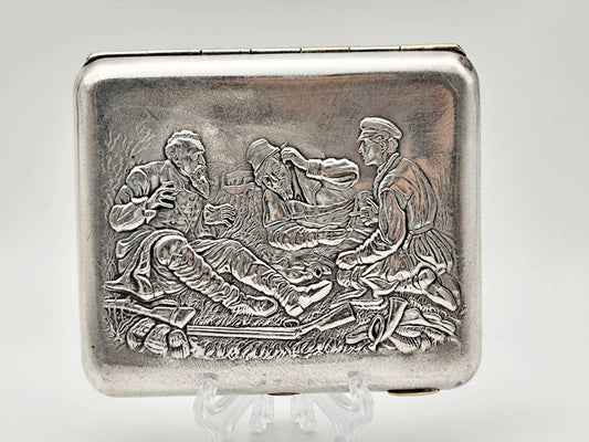 Vintage Hunters at Rest Perov Cigarette Case | Painting Relief Engraved Pocket Box Soviet Tobacciana USSR
