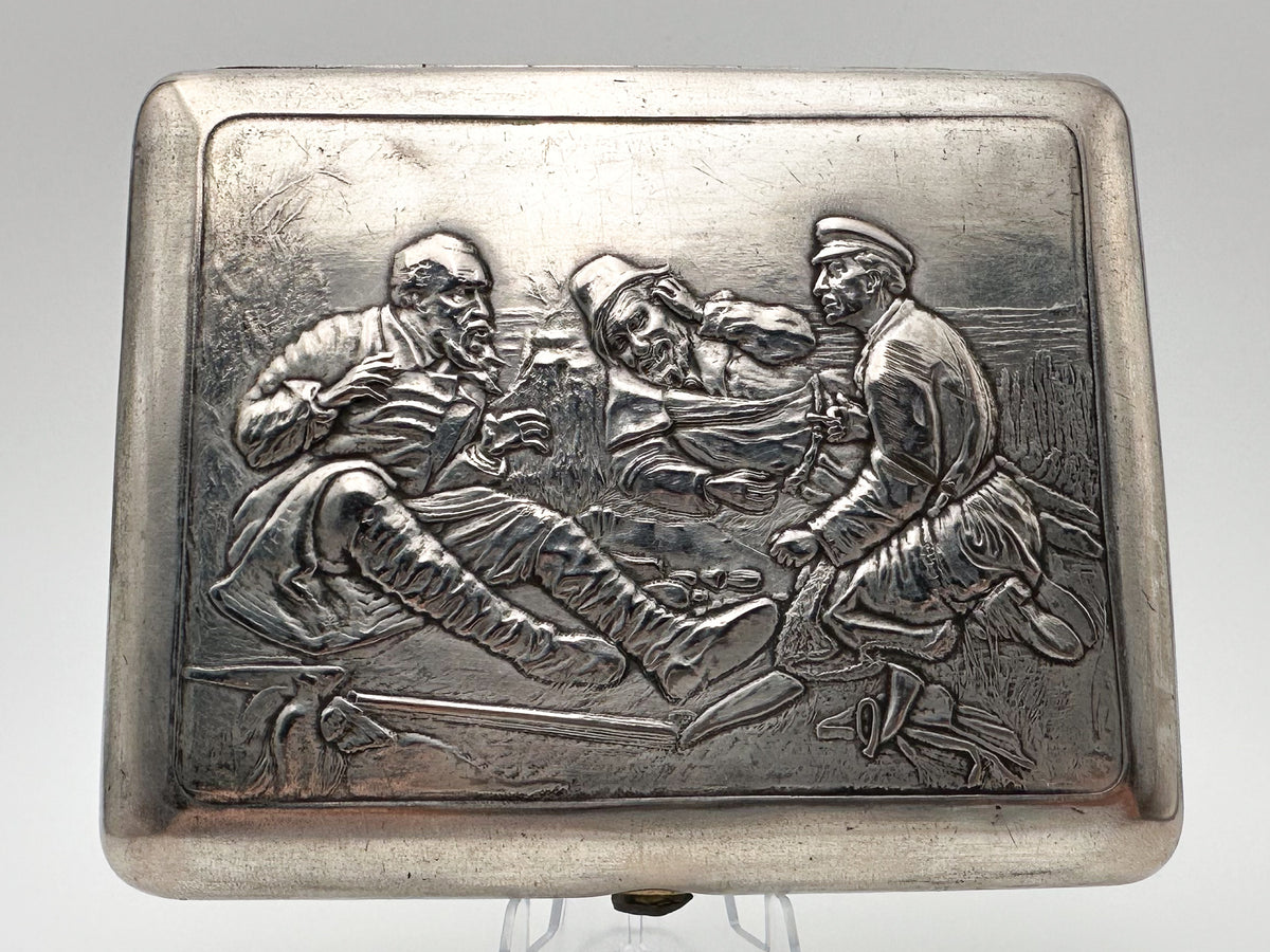 Cigarette Case Hunters at a Rest Vintage Soviet | Perov Metallodetal Melchior Tobacciana USSR