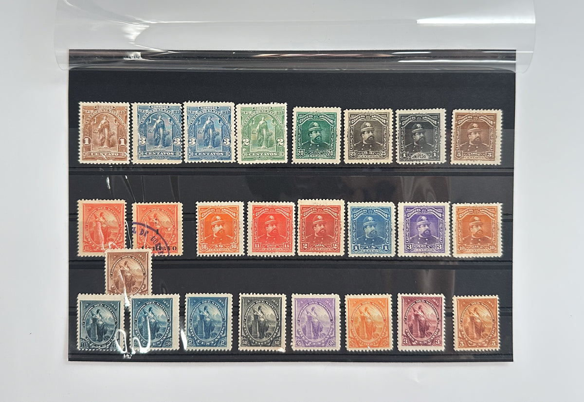1890–1895 El Salvador Postage Stamps Collection | Vintage Antique Central America President & Justice Allegory Set of 25 MH Cancelled