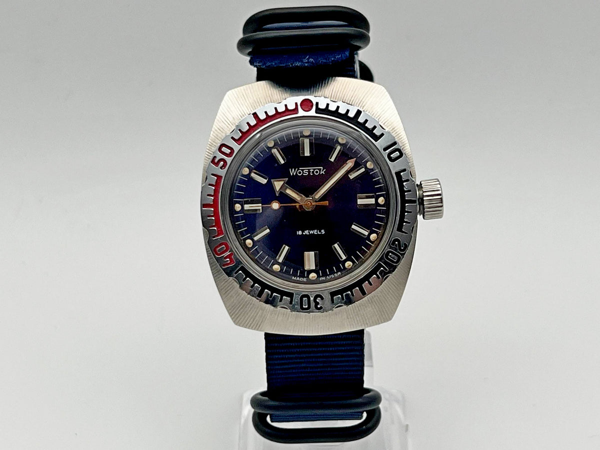 Vintage WOSTOK Amphibian Barrel 2209 Soviet Mechanical Watch VOSTOK Tonneau | Rare USSR Diver Blue Dial 18 Jewels 200m Men's Wristwatch