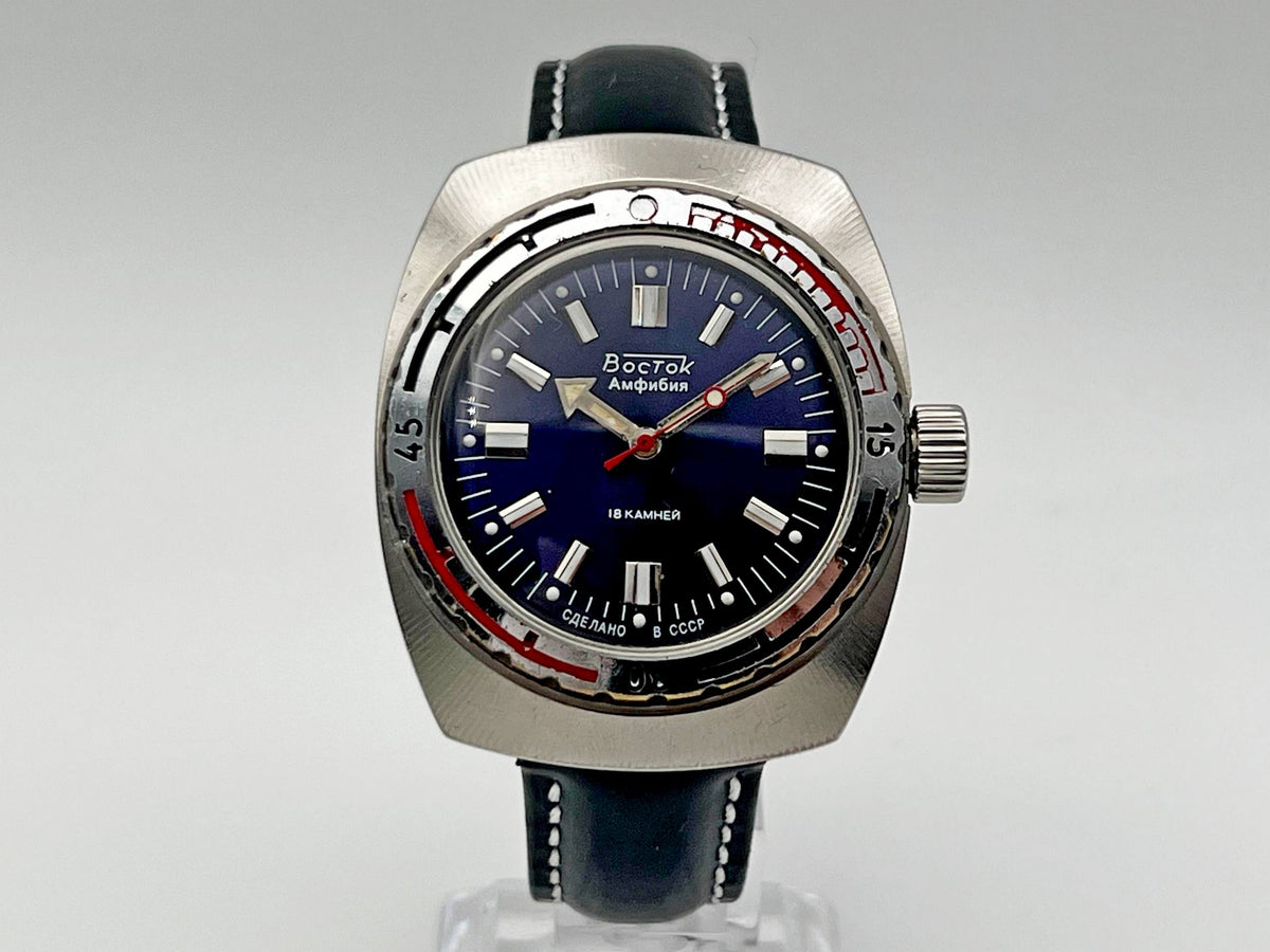 Vintage WOSTOK Amphibian Barrel 2209 Soviet Mechanical Watch VOSTOK | USSR Diver Blue Dial 18 Jewels 200m Men's Wristwatch