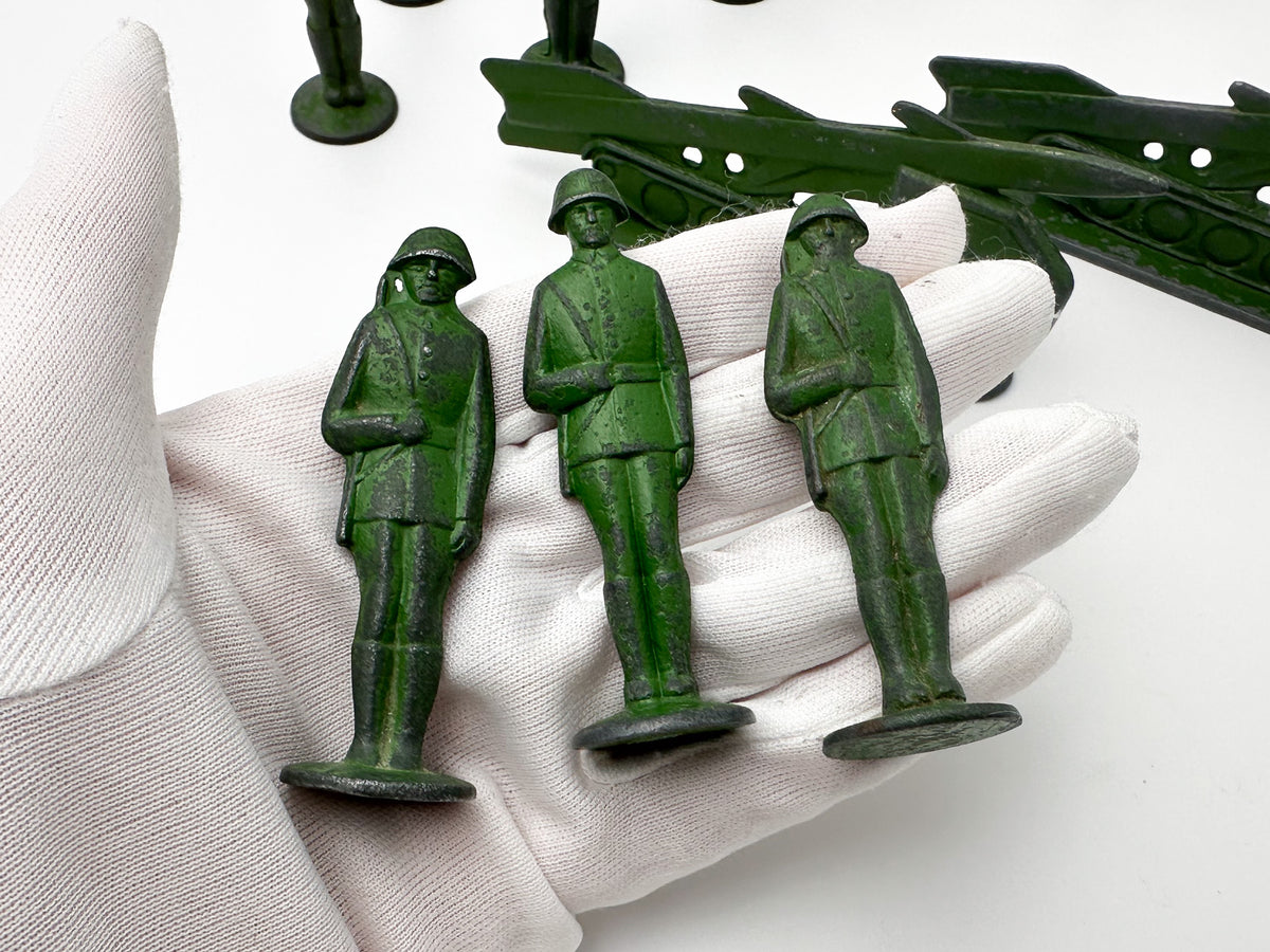 Vintage Soviet Metal Toy Soldiers and Missile Launchers Lot | USSR Cast Figures Green Army Set of 14