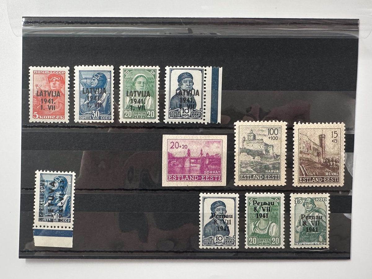 1941 Baltic WWII German Local Issue Postage Stamps Collection | Vintage Latvia & Estonia Overprints Set of 11 MH