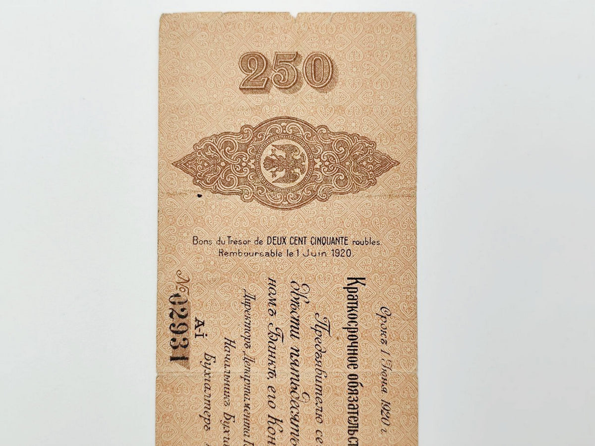 1919 Admiral Kolchak White Army 250 Rubles Banknote | Vintage Russian Civil War Omsk Treasury Bill | Short-Term Bond
