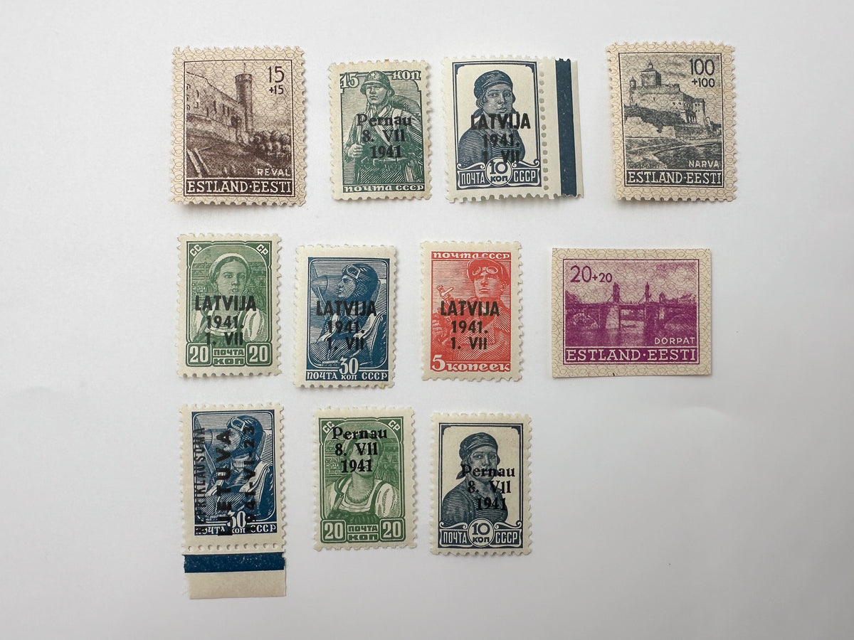 1941 Baltic WWII German Local Issue Postage Stamps Collection | Vintage Latvia & Estonia Overprints Set of 11 MH