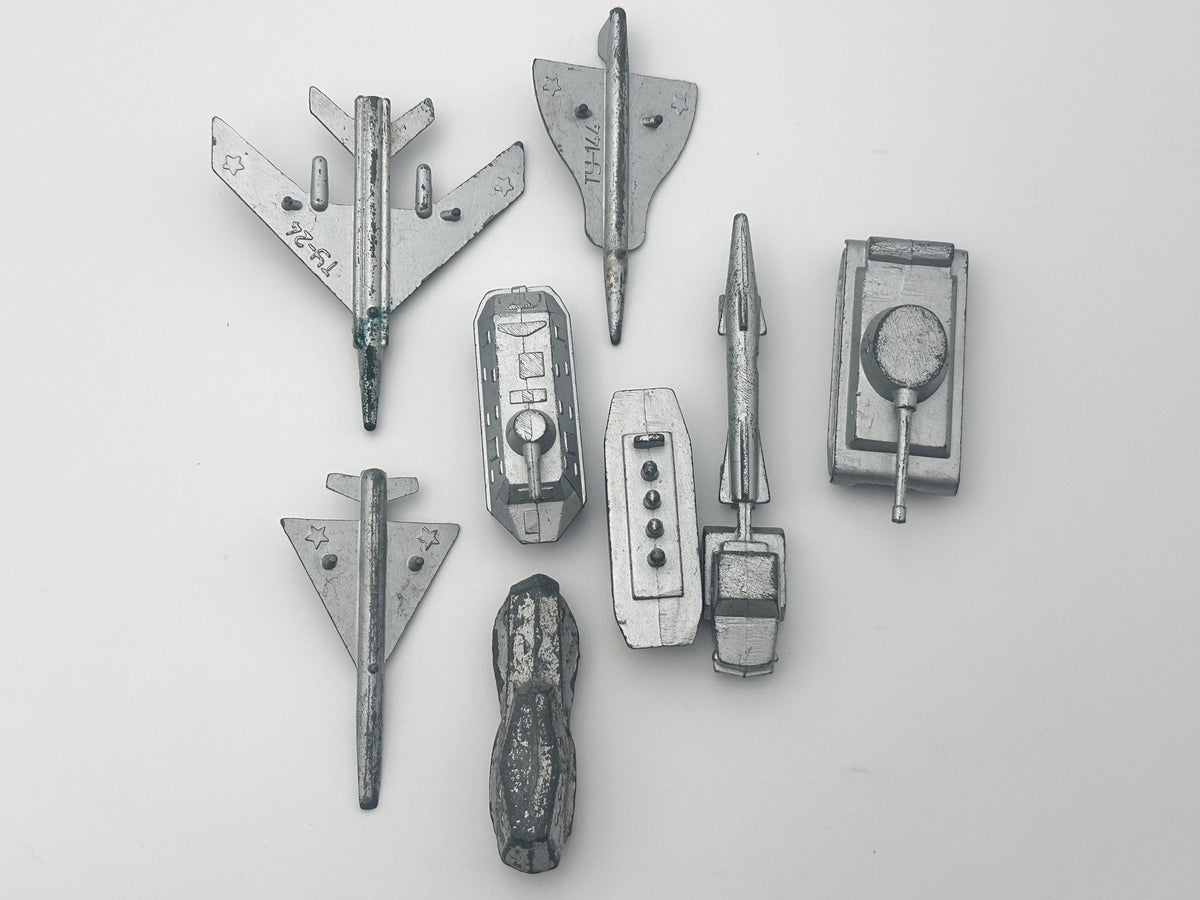 Set of 8 Vintage Soviet Military Miniatures | USSR Metal Micro Toy Vehicles & Planes Lot