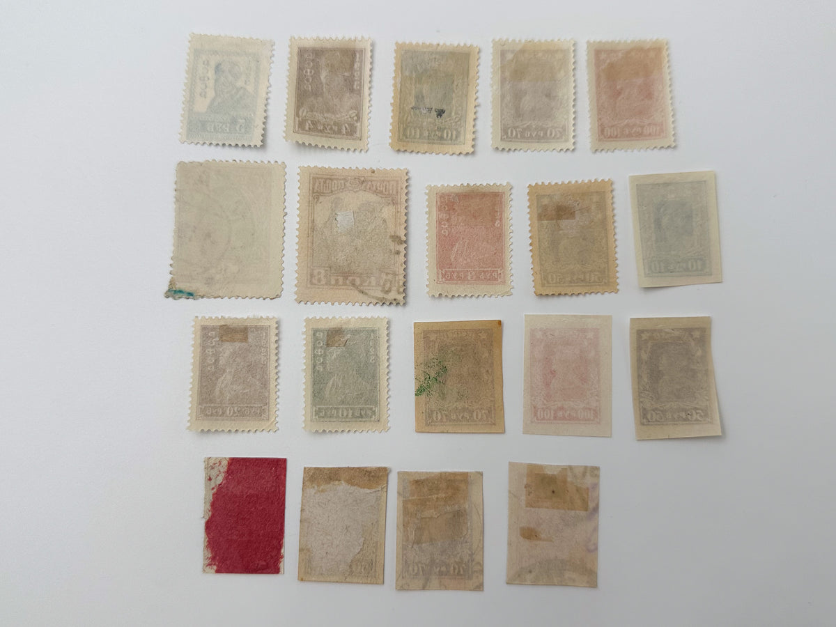 1922–1923 RSFSR & USSR Postage Stamps Collection | Vintage Early Soviet Shadr Definitive & Star Surcharge Pairs Set of 19 MH Cancelled