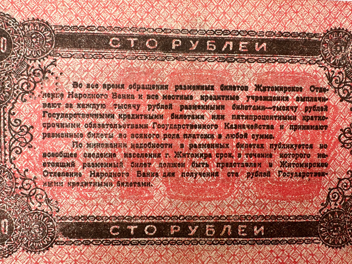 1919 Zhytomyr 100 Rubles Local Currency Note | Vintage Ukrainian Civil War Era Narodny Bank Banknote