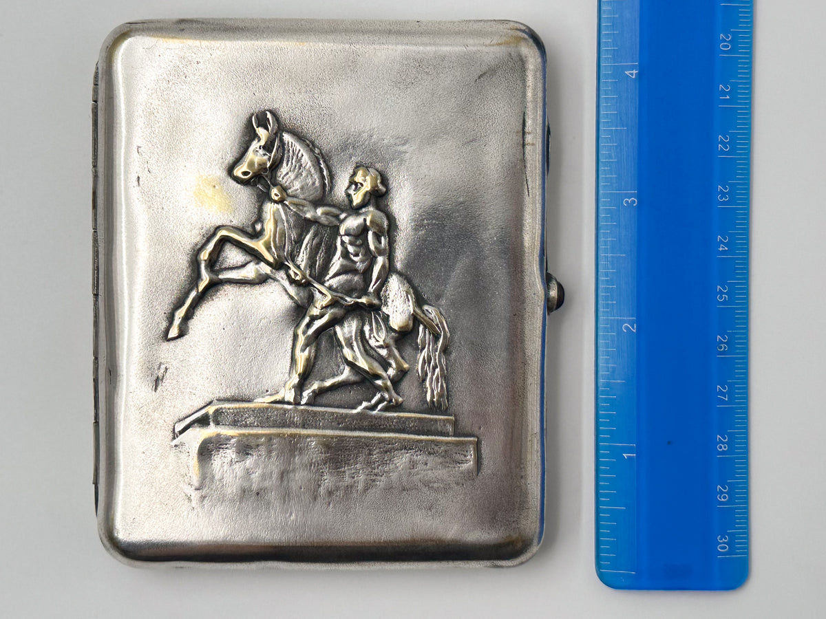 Vintage Klodt Horse Tamer Cigarette Case | NPZ Plant Garnet Button Engraved Pocket Box Soviet Tobacciana USSR